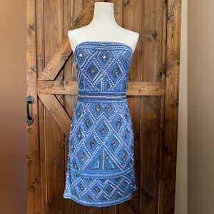 ADRIANNA PAPELL Beaded Sequin Short Strapless Dress Sz 8 Periwinkle Wedding NYE
